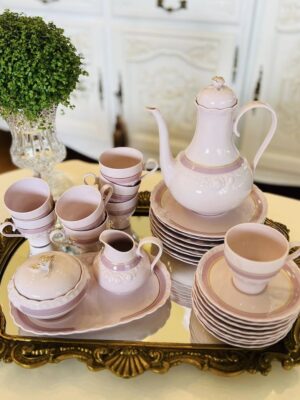 Pudrinis Hutschenreuther rožinio porceliano kavos servizas