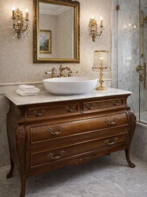 Prancūziško stiliaus medinė komoda su stalčiais