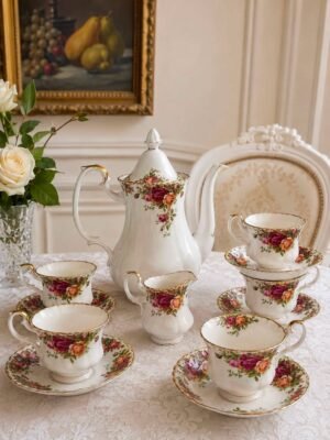 Vintažinis anglų Royal Albert „Old Country Roses“ kaulinio porceliano rinkinys.