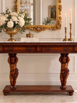Naudota vintažinė medinė konsolė su išraiškingomis angelų figūromis "Cherub Console"